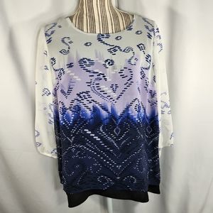 AB Studio White Blue Purple Heart Pattern Button Neck Top Size Medium